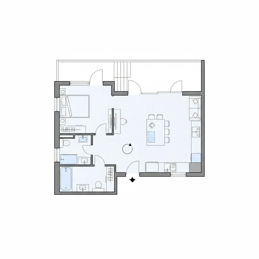Simple black and white floor plan showing a one bedroom apartment with a large kitchen