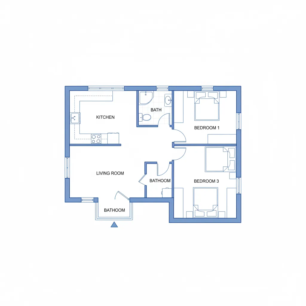 Plano arquitectónico de una casa pequeña con tres dormitorios