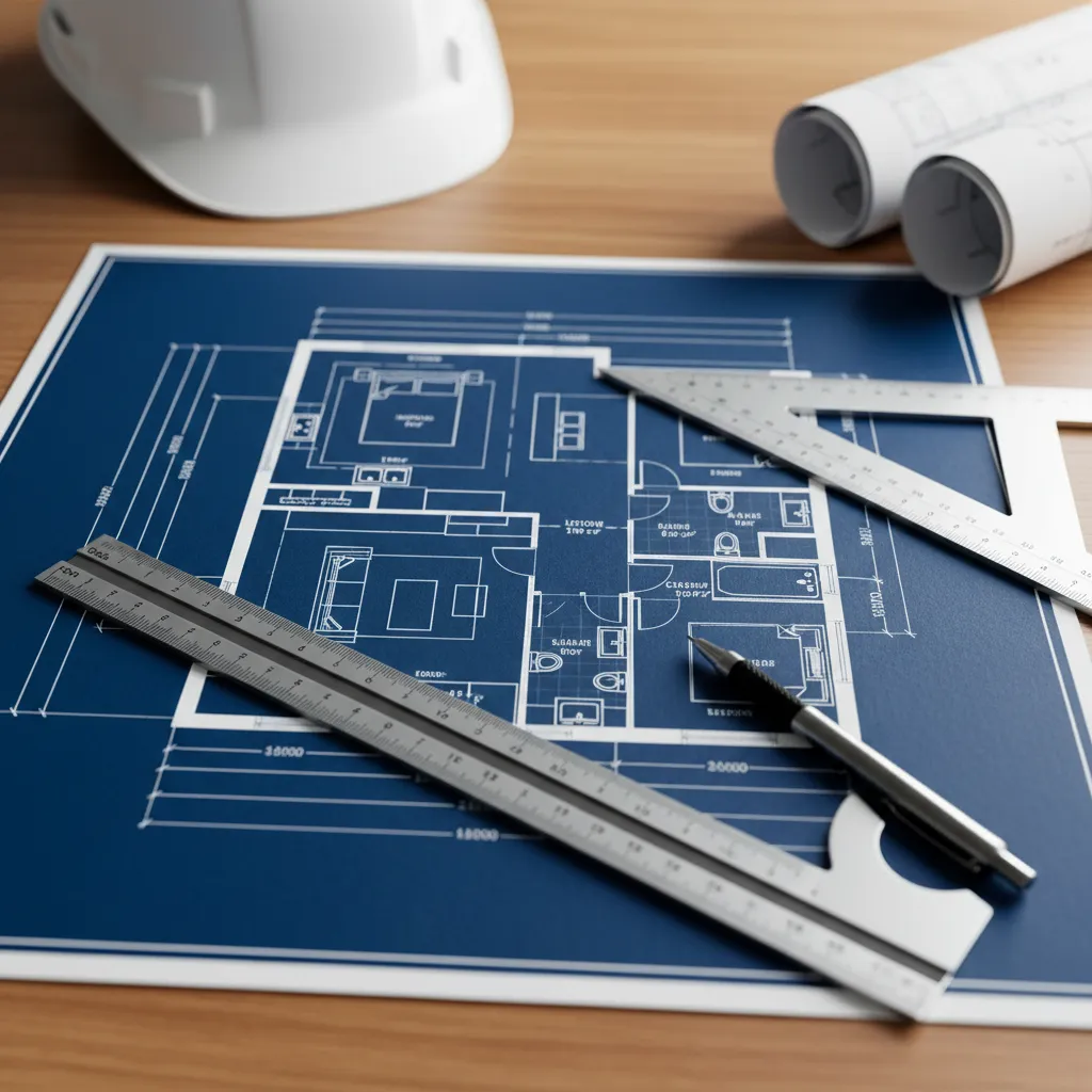 1000 sq ft house floor plan layout diagram on desk with measuring tools