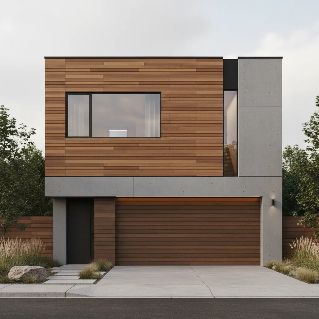 Fachada moderna de casa compacta con garaje integrado