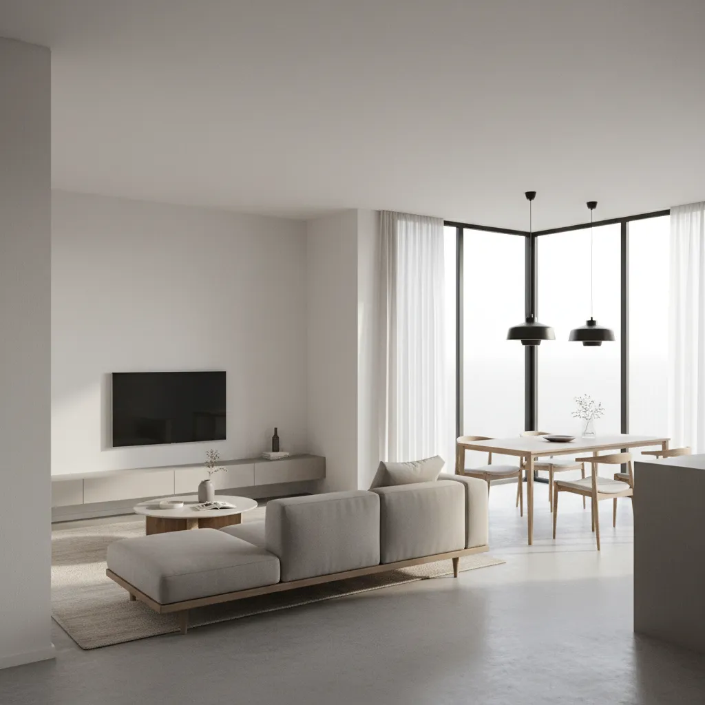 Modern living room with grey sofa coffee table tv cabinet dining table and large windows