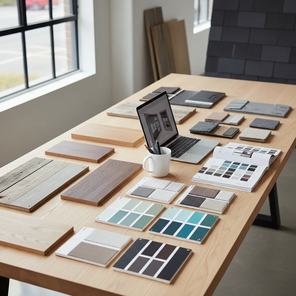Wooden table covered with wood planks carpet samples color tiles laptop and open design book