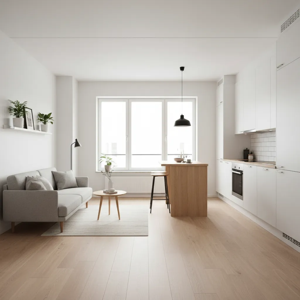 Sala de estar y cocina integradas en una casa pequeña de diseño moderno