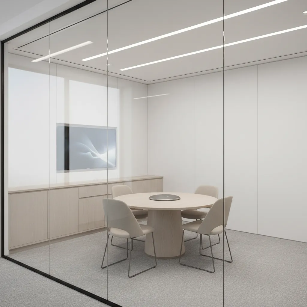 Small huddle room with round table and central conference speakerphone device