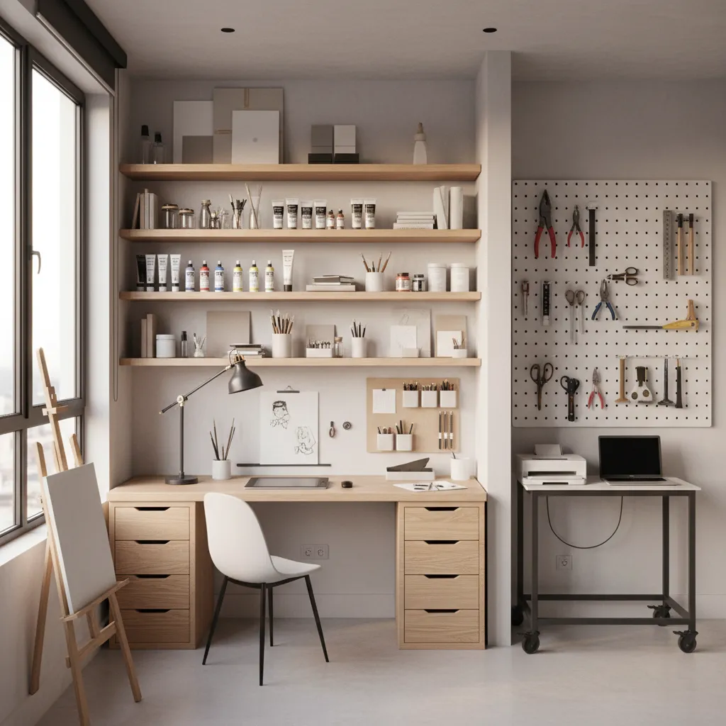 Compact illustrator studio layout with desk, shelves, and wall storage