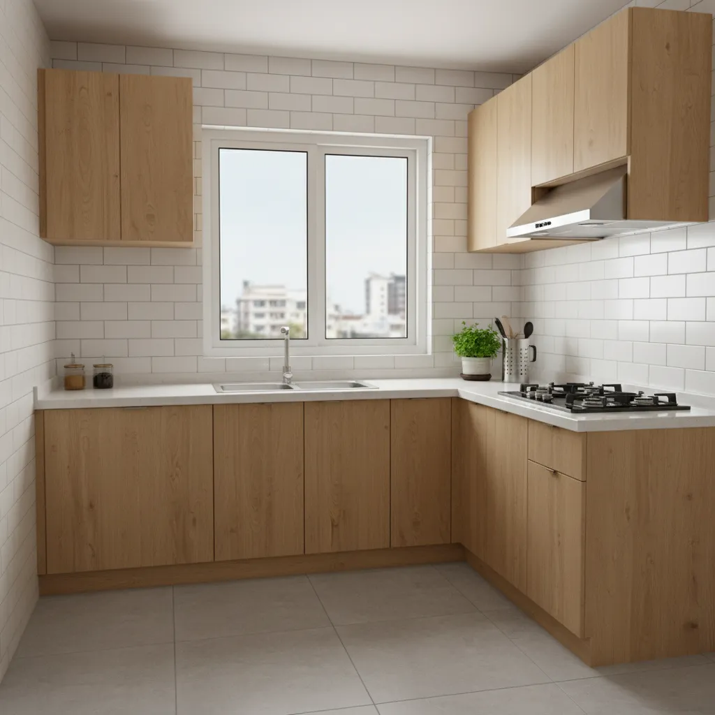 Small modular kitchen interior in an Indian apartment with efficient storage