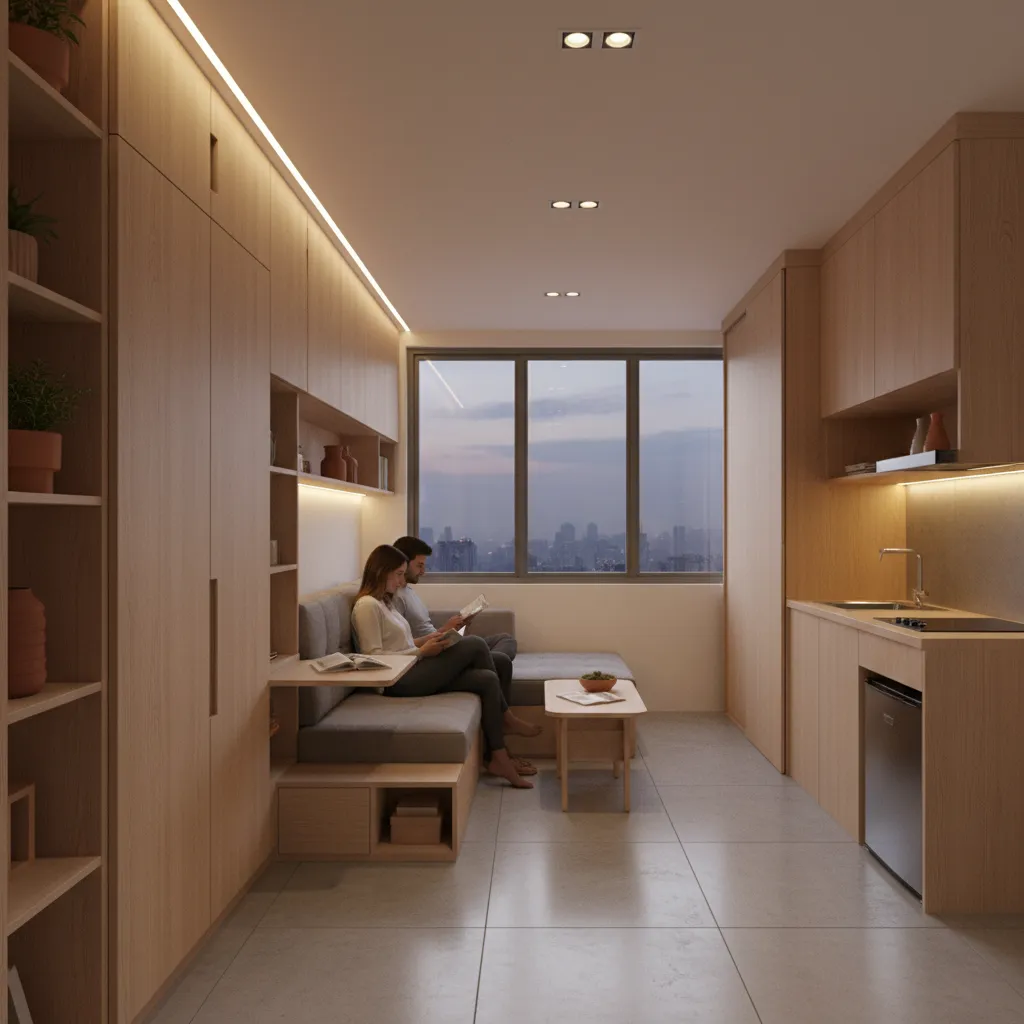 Small Indian apartment interior with smart storage and modular furniture