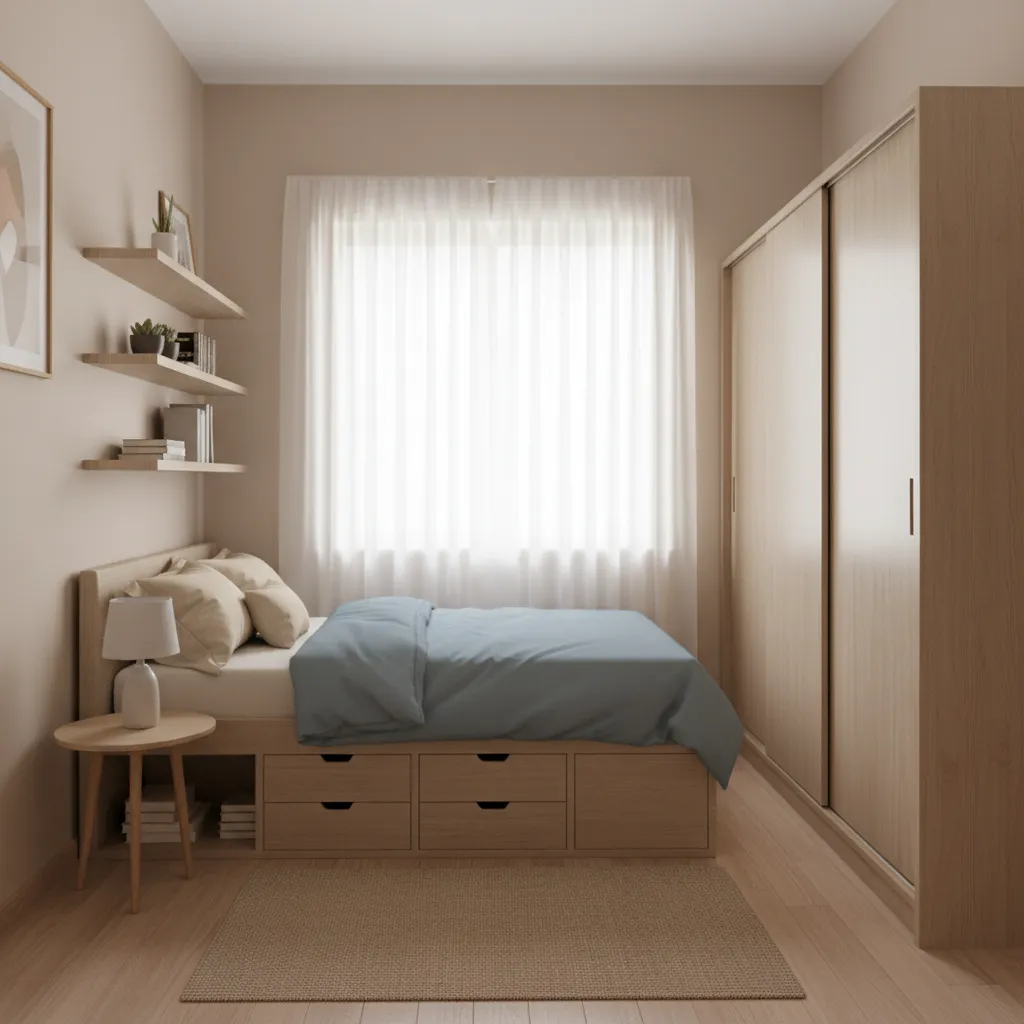 Compact Indian bedroom layout with storage bed and wardrobe