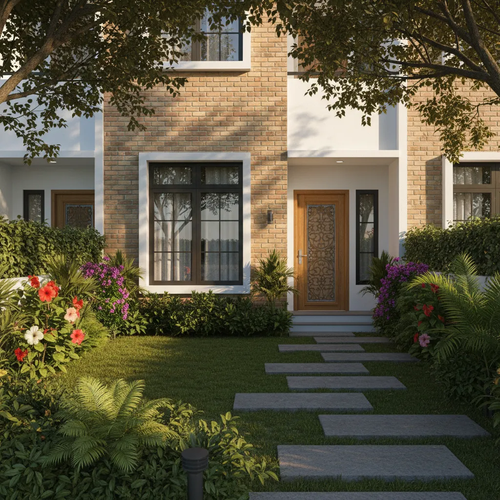 Small Indian house with compact garden layout and greenery