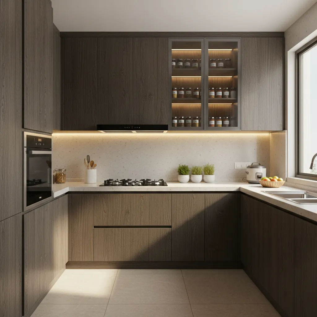small modern Indian kitchen with L shaped layout and tall cabinets