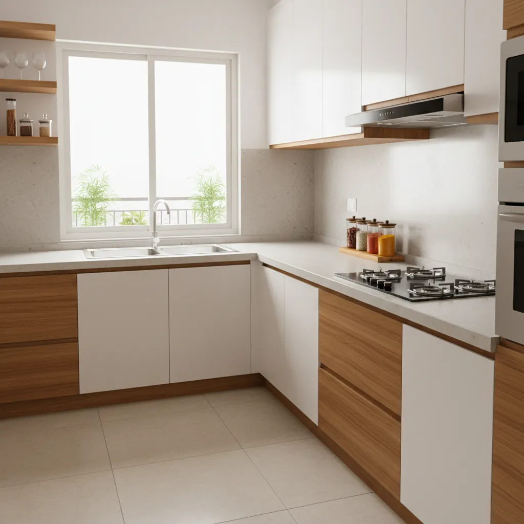 Compact modern Indian kitchen with light cabinets and organized counters