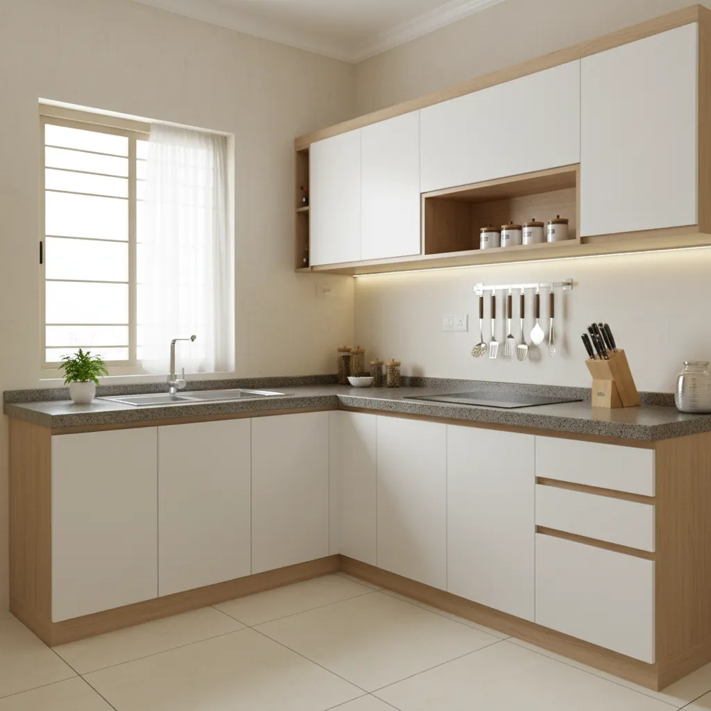 Compact modular kitchen cabinets in a small Indian apartment kitchen