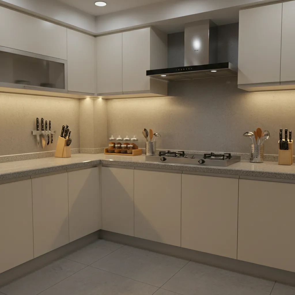 Compact Indian kitchen with efficient counter and cabinet layout