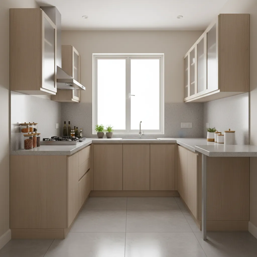 Compact Indian apartment kitchen with efficient layout and modular cabinets