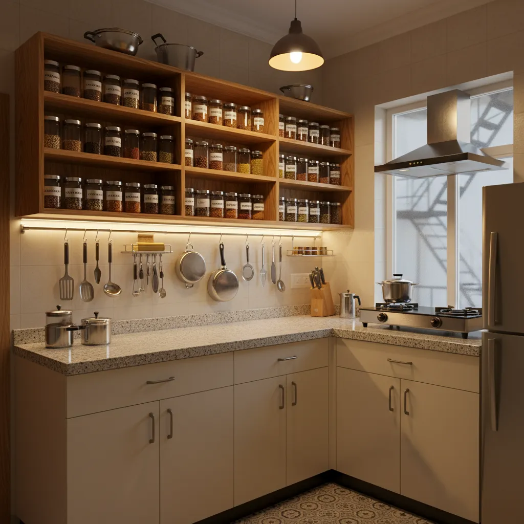 small Indian kitchen with vertical shelves and organized counters