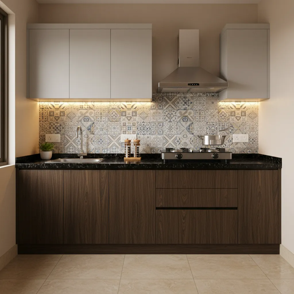 small Indian modular kitchen with wall mounted chimney