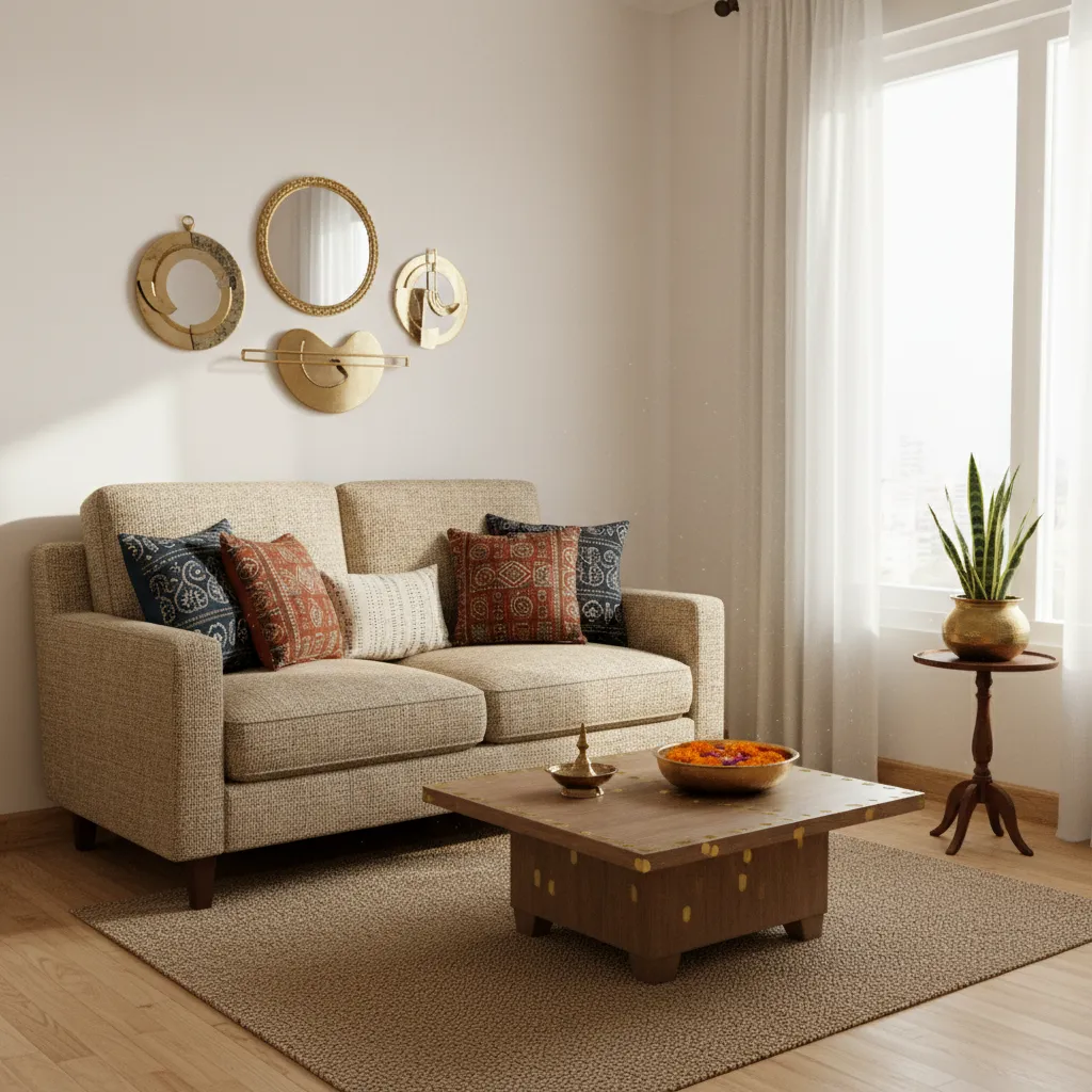 Compact Indian living room layout with sofa, rug and wall decor