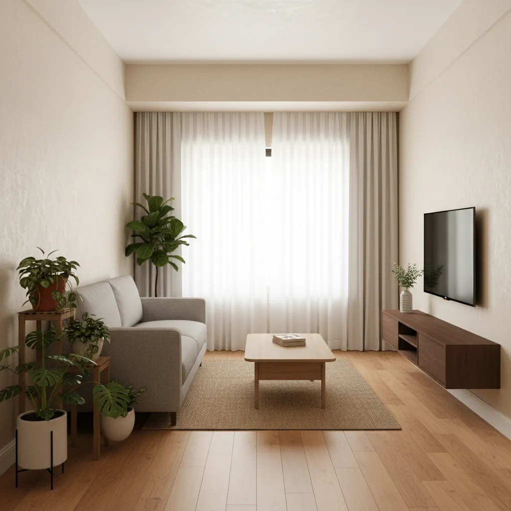 Compact Indian apartment living room with neutral palette and smart furniture layout