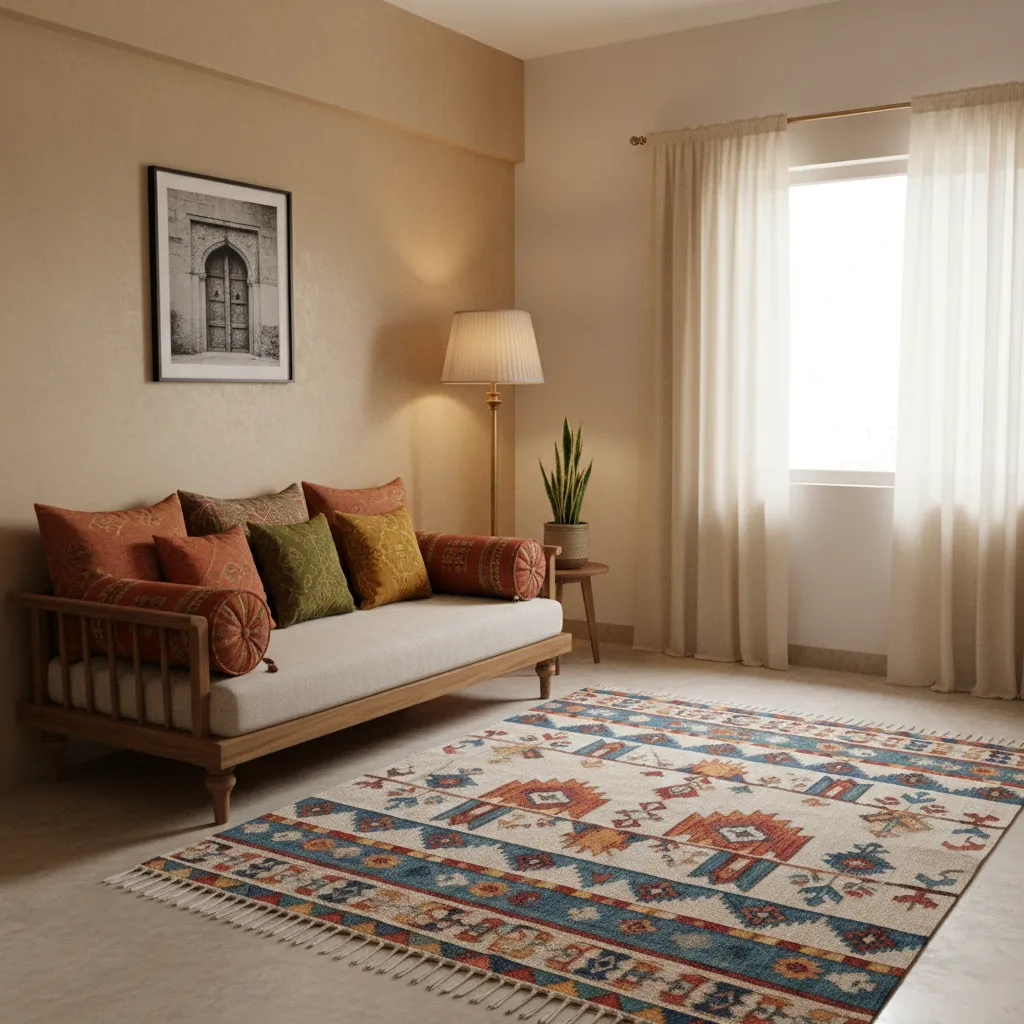 Compact Indian style living room with sofa, rug, and wall decor