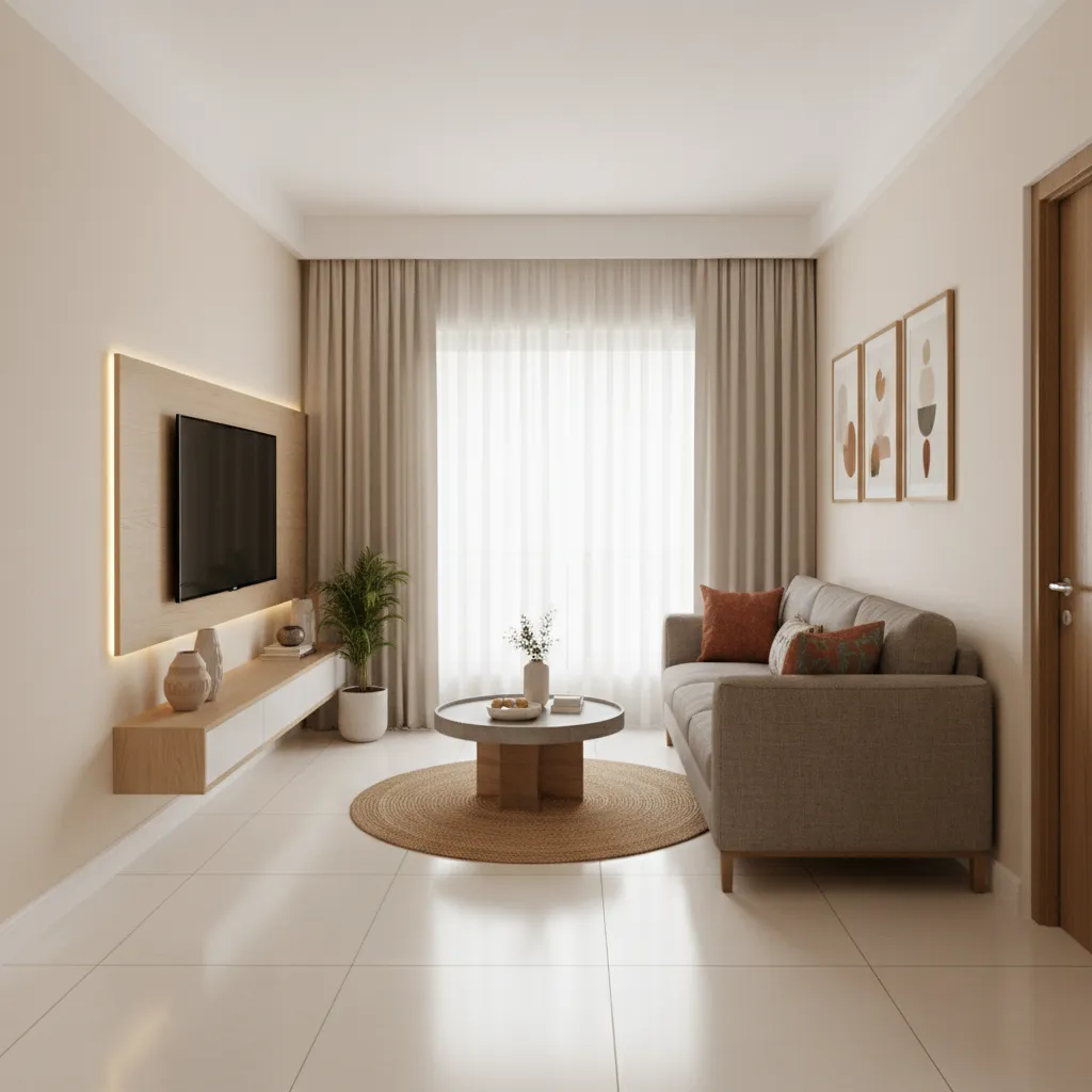 Small Indian apartment living room with space-saving sofa and minimal furniture layout