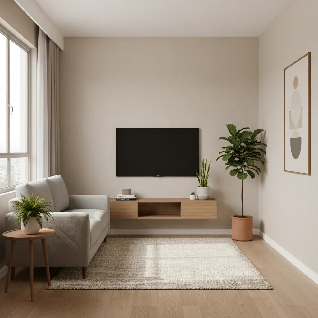 Small Indian living room with compact sofa wall mounted TV and minimal furniture layout