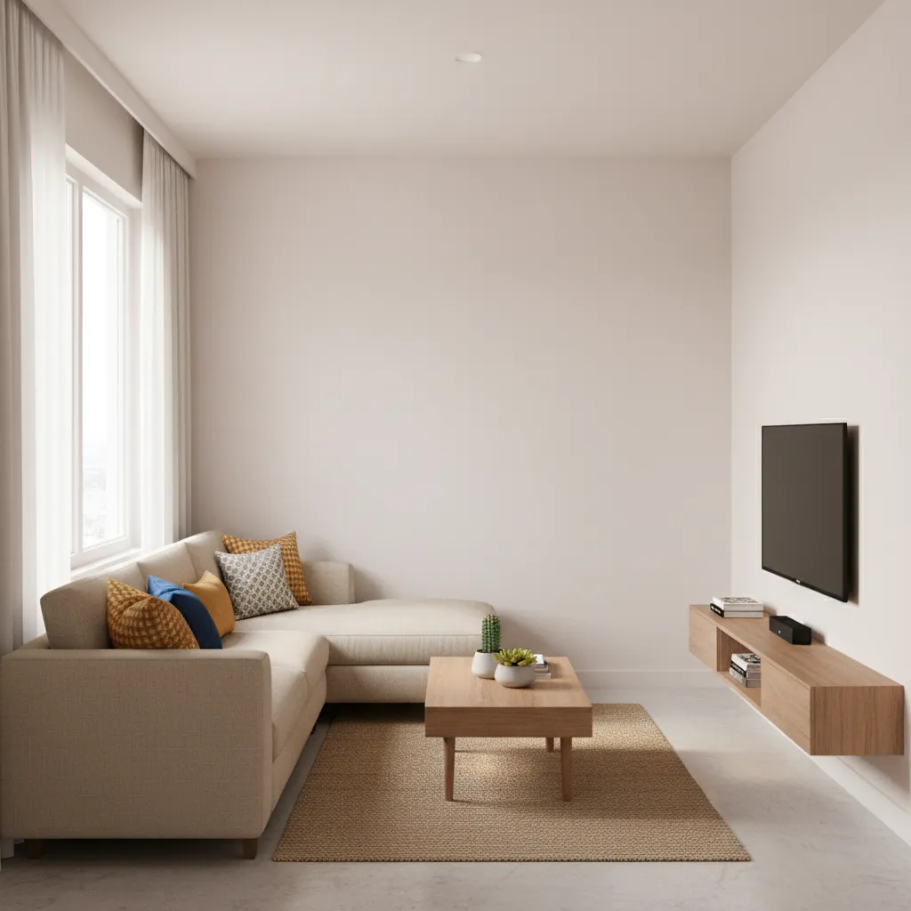 Compact Indian apartment living room layout with L shaped sofa and simple decor