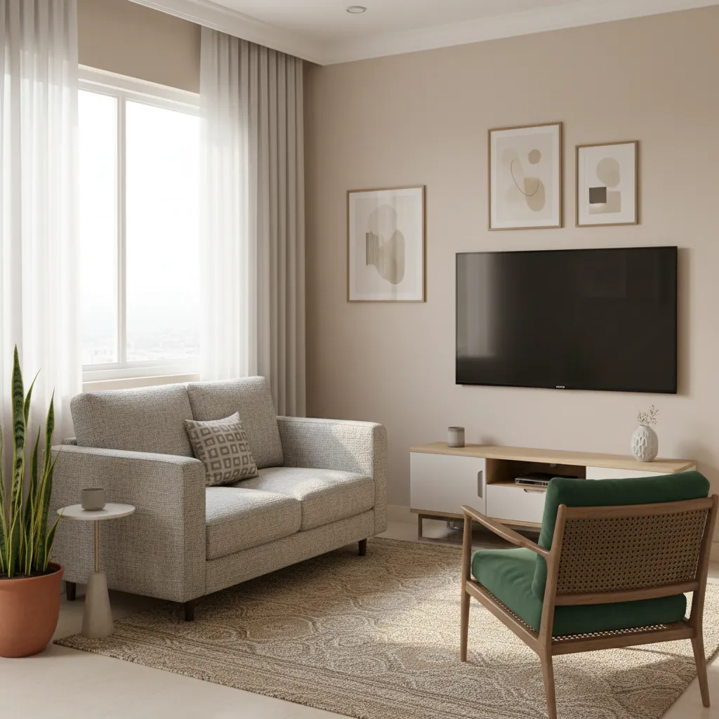 Compact Indian living room layout with sofa chair and wall mounted TV