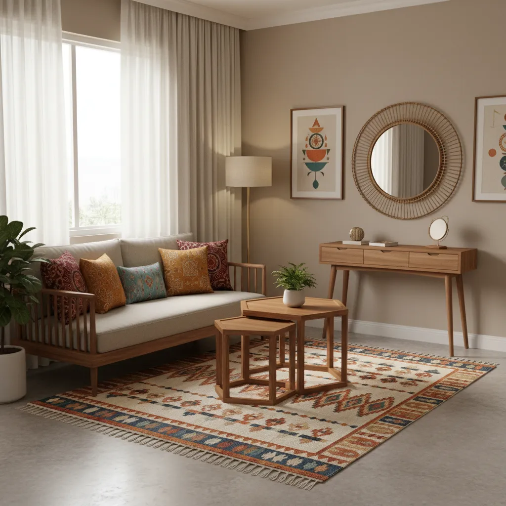 Small Indian style living room with slim wooden sofa and efficient layout