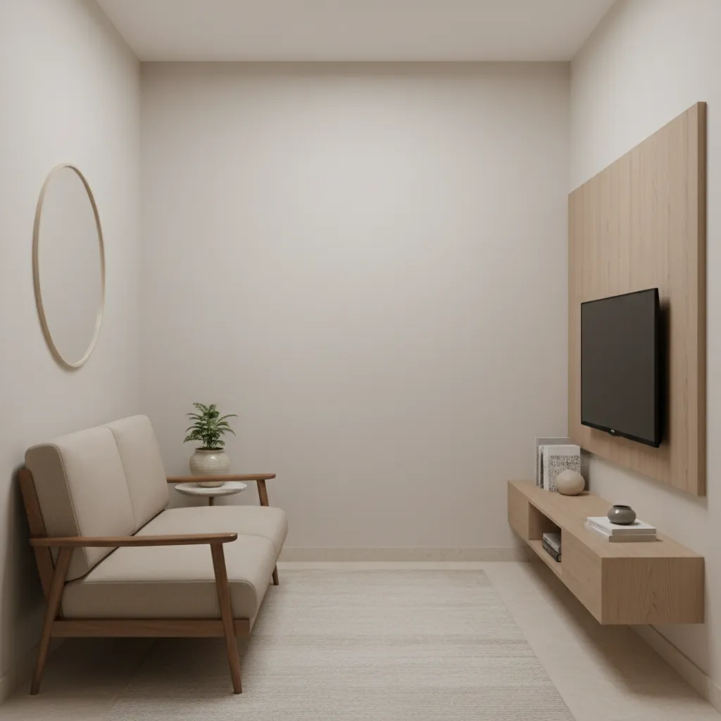 Small Indian apartment living room with compact sofa and efficient layout