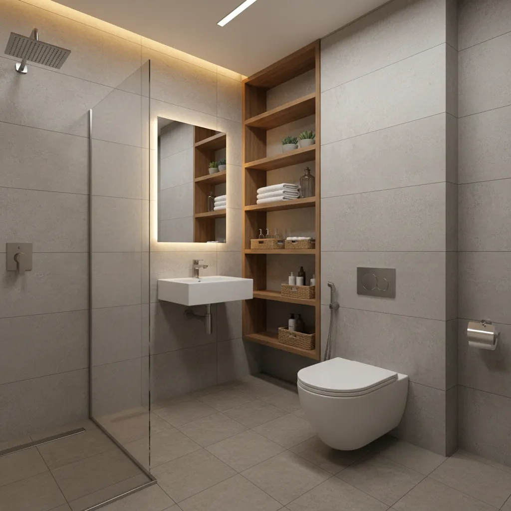 small bathroom with indian toilet wall shelves and efficient storage