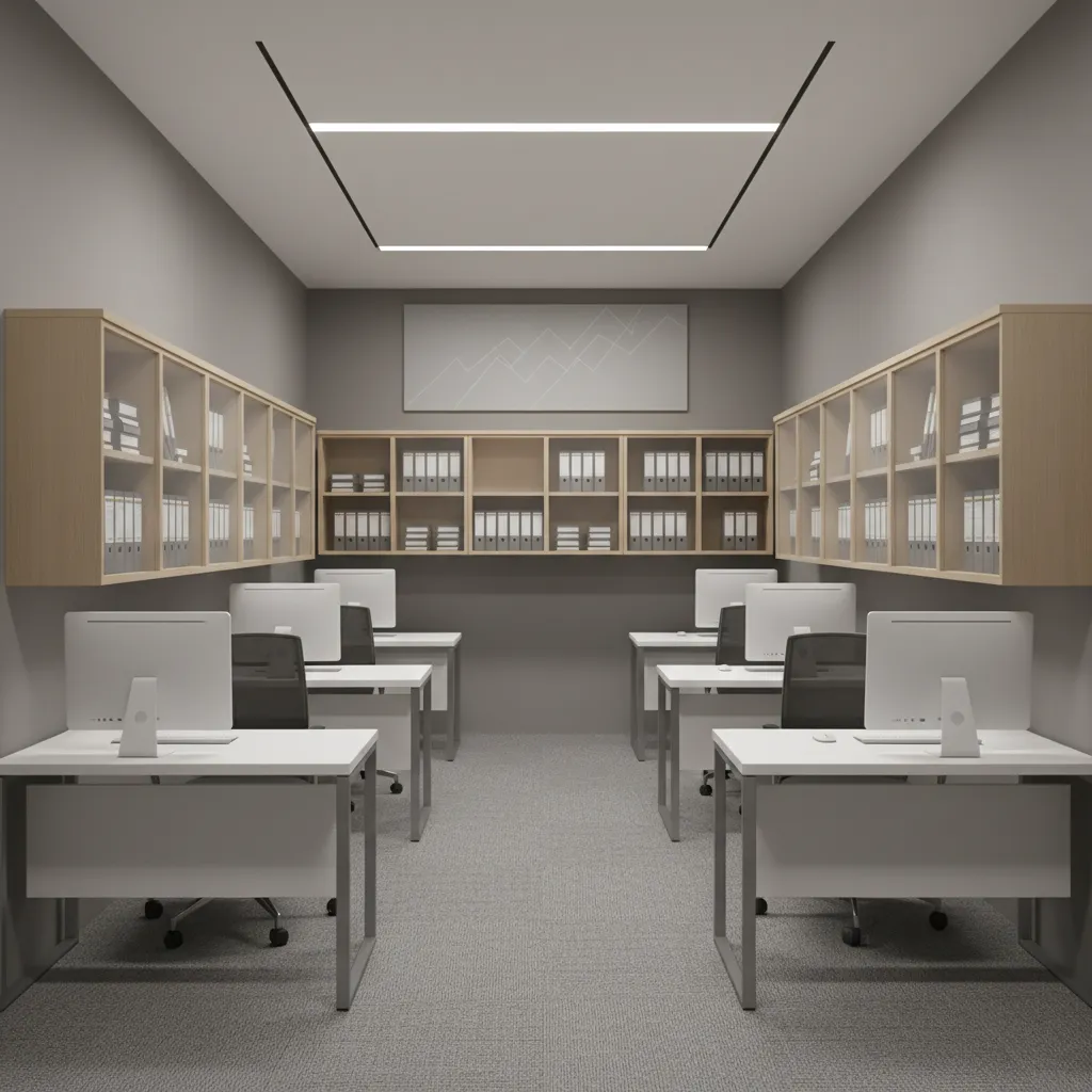 Compact desks and wall storage in a small insurance agency office