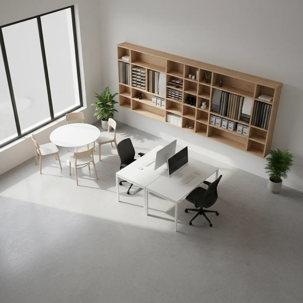 Compact interior design studio layout with desks meeting table and material library wall
