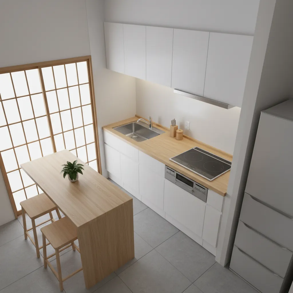 compact Japanese kitchen layout showing efficient workflow and appliance placement