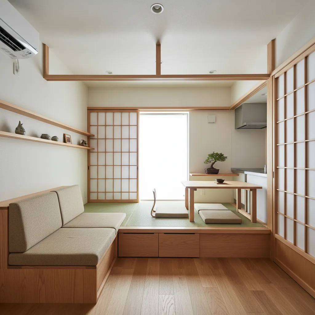 Small Japanese apartment interior with wood floors tatami mats floor seating and a simple kitchen