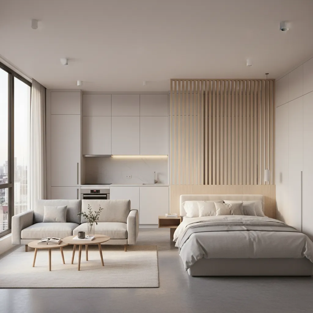 Compact junior one bedroom apartment interior with living area and partial bedroom divider