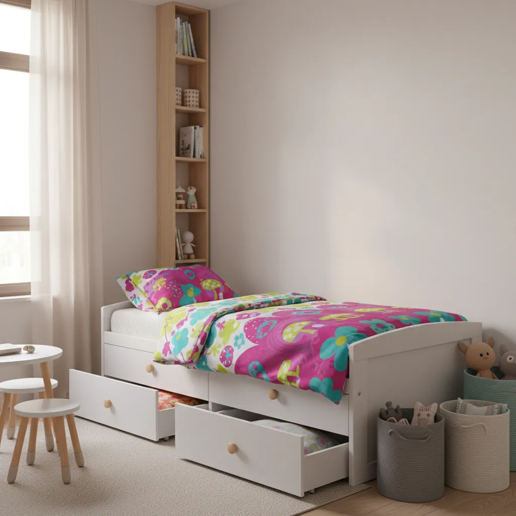 Compact kids bedroom layout with storage bed and narrow shelving