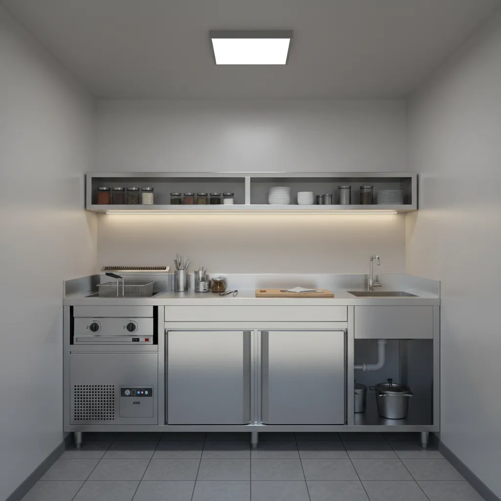 Small food kiosk kitchen with linear equipment arrangement