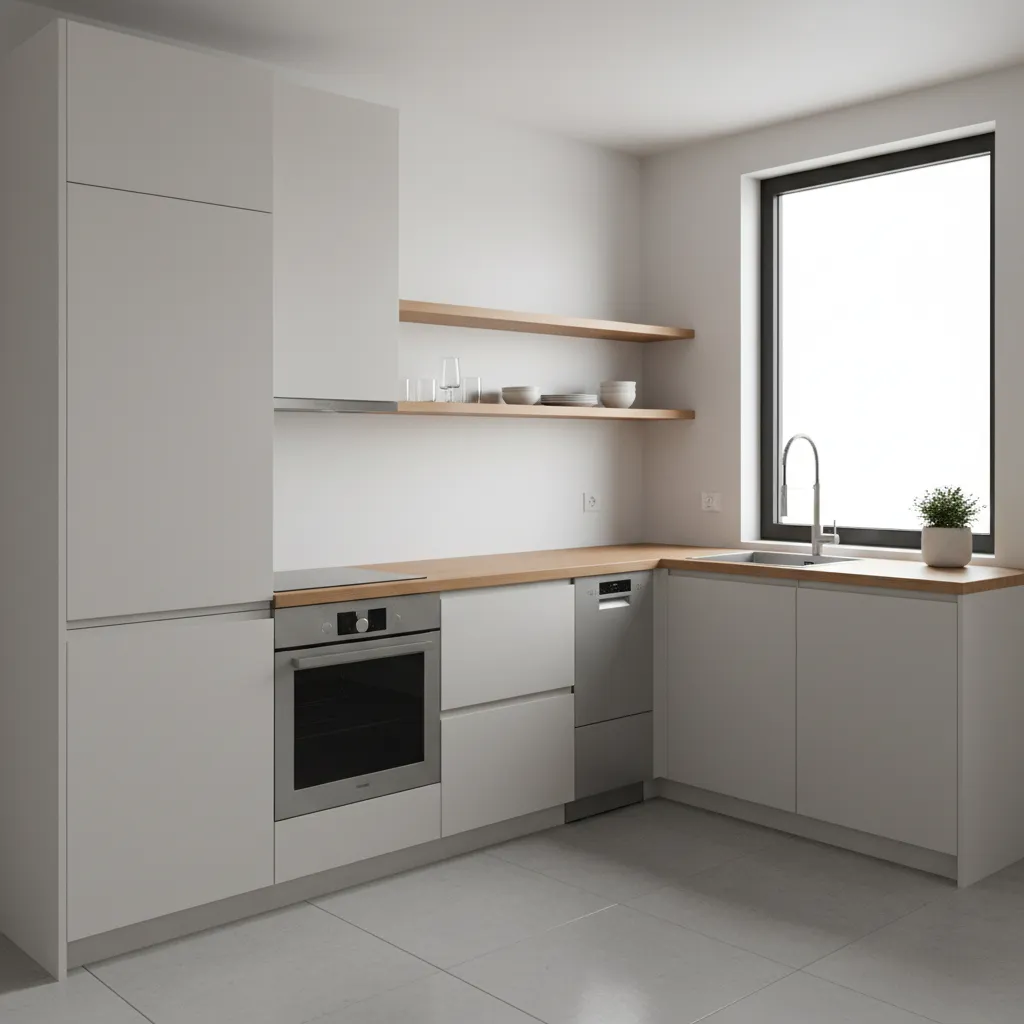 Modern L-shaped kitchen with light grey cabinets wood countertops open wooden shelves and black window