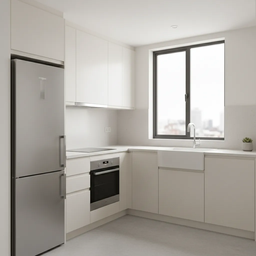 Compact kitchen with refrigerator, stove, and sink arranged efficiently in a small layout