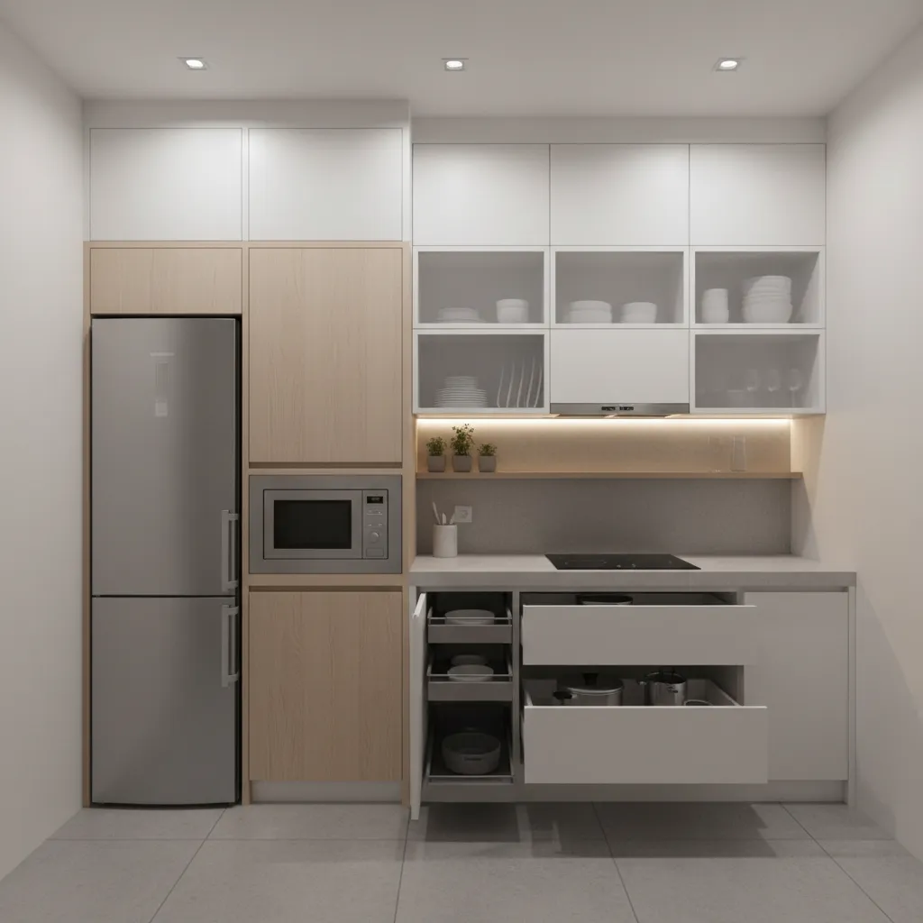 Small kitchen with compact appliances optimized for limited space