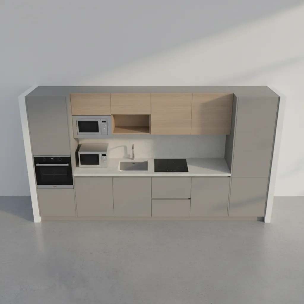 Compact kitchen layout diagram showing microwave placement zones