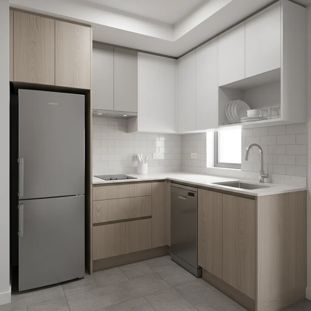 compact kitchen showing proper appliance spacing