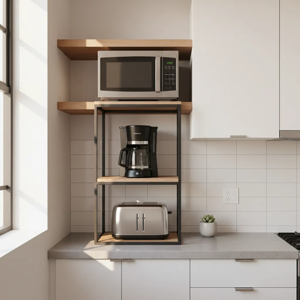 compact kitchen appliance zone with microwave coffee machine and toaster