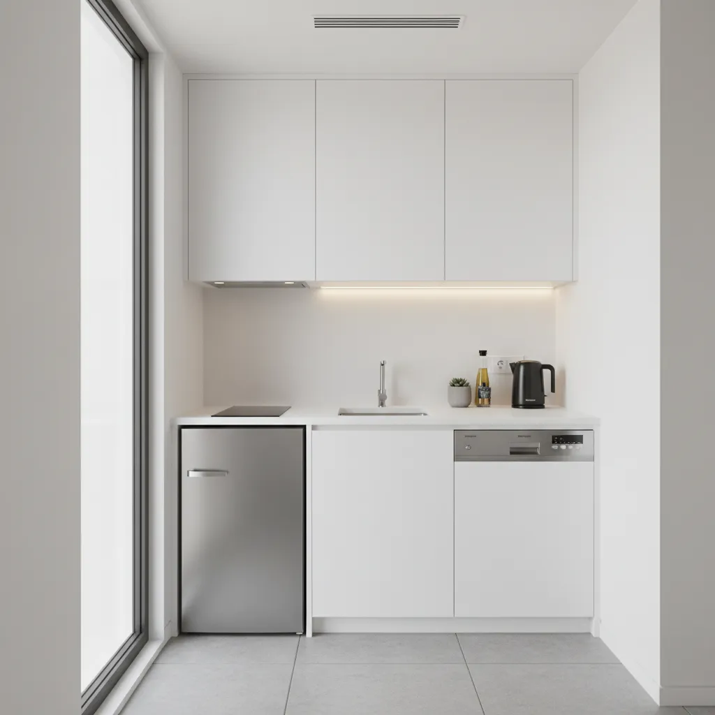 Small kitchen with compact appliances and integrated dishwasher