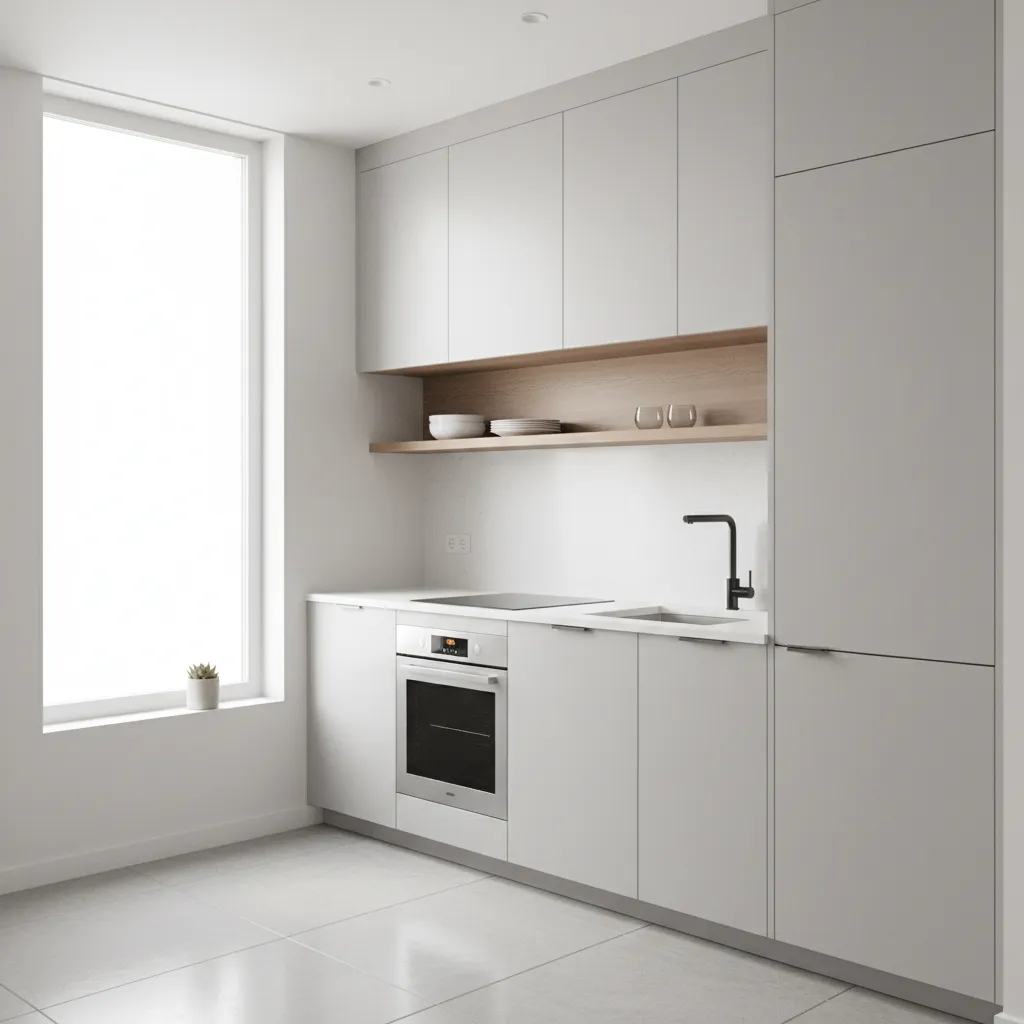 Compact kitchen appliances arranged in a small apartment kitchen