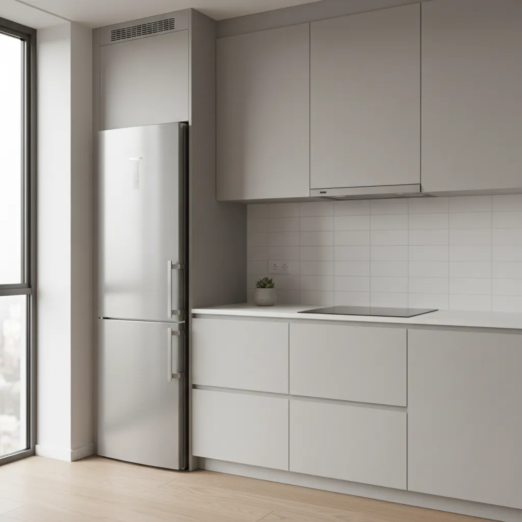 Small kitchen featuring compact refrigerator and two burner cooktop