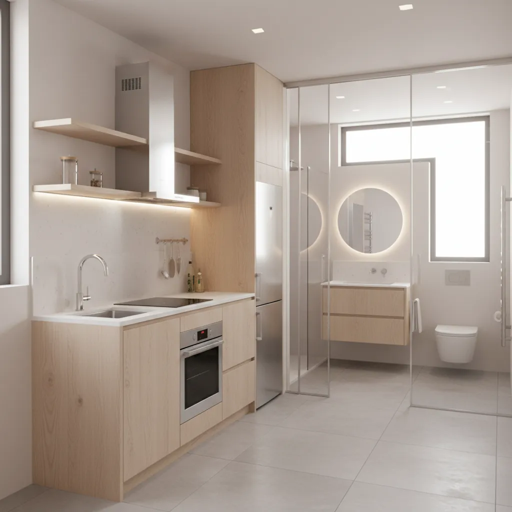 efficient small kitchen and bathroom layout in a compact house