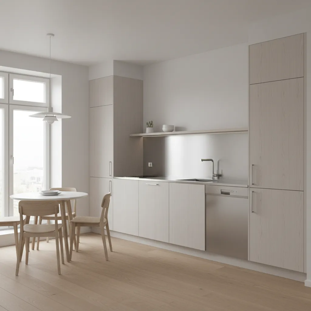 Light wood kitchen featuring a round dining table wooden chairs large window and white light