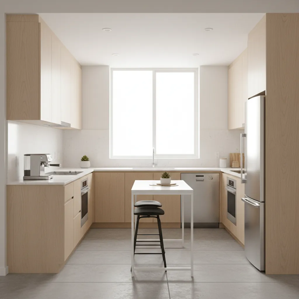 Compact kitchen layout with light cabinets and open counter space