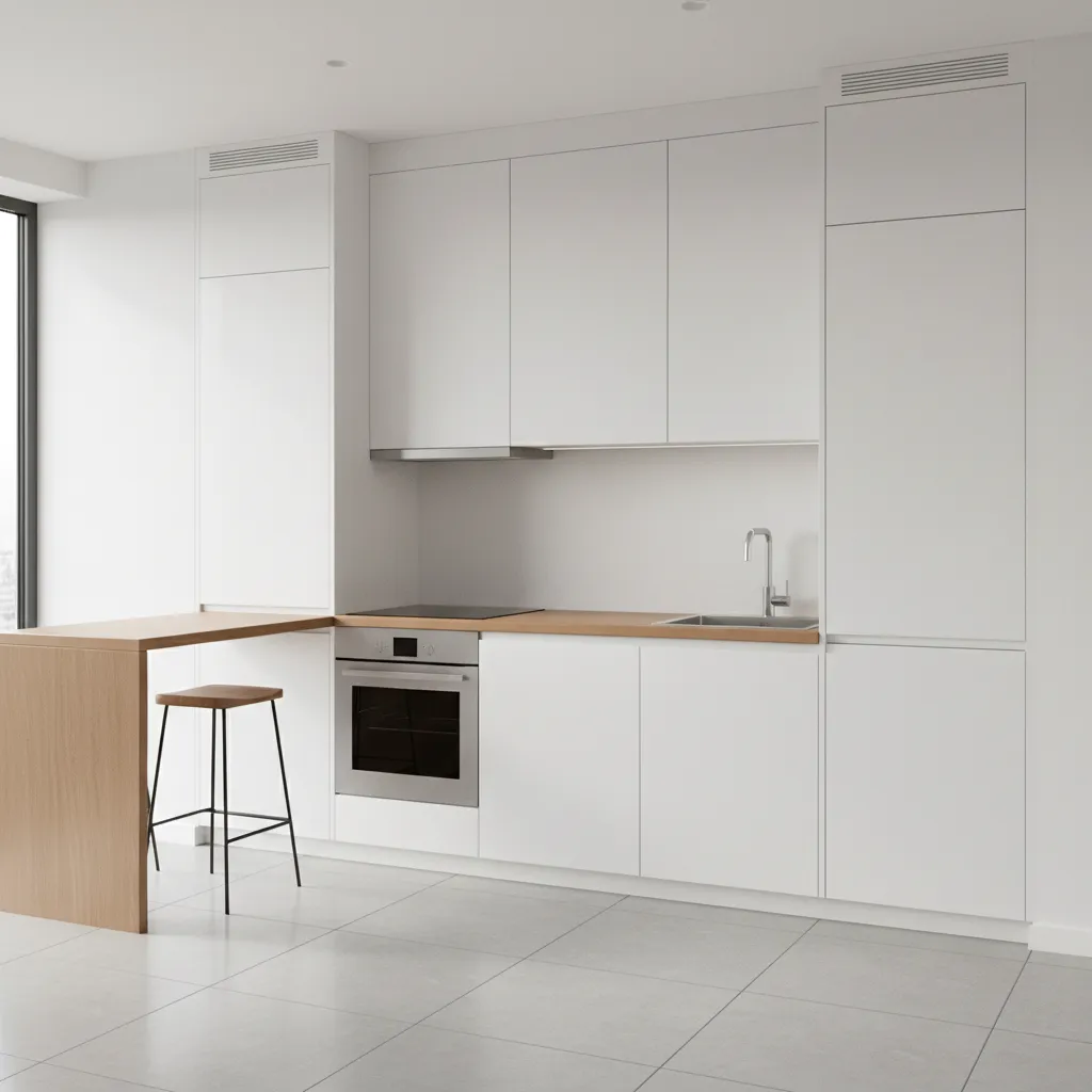 compact kitchen with built-in oven and minimal cabinets